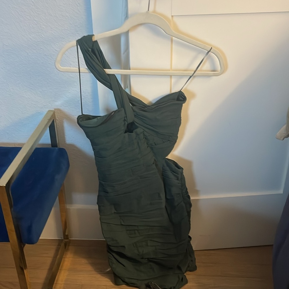 NWT Zara One Shoulder Asymmetric Dark Green Mini Dress XS - Picture 7 of 7